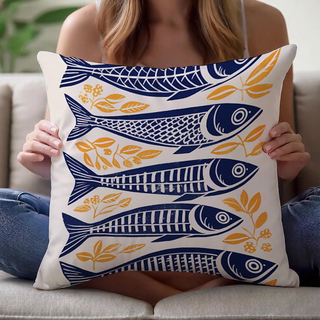 Pillow Insert 18X18 - 1pc Danish Woodcut Sardine Pillow Cover